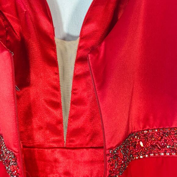Sherri Hill Red Satin Chiffon Beaded Gown Prom Gown Womens 14 Romantic Y2K Glam - Picture 5 of 7